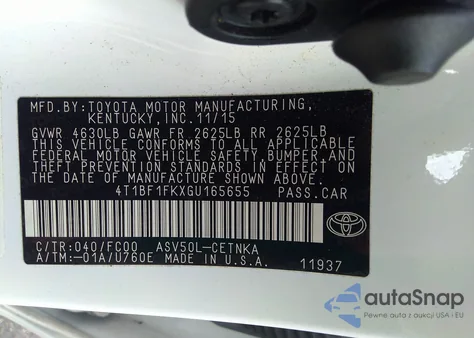 2016 Toyota Camry Le из США, поврежденный, VIN 4T1BF1FKXGU165655